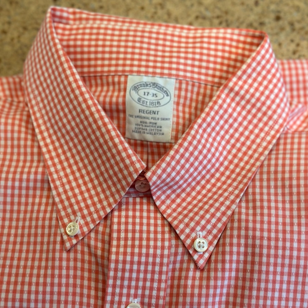 Brooks Brothers Orange Gingham Check Supima Button Down Mens 17-35 Regent Fit